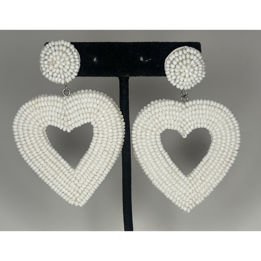 Statement Earrings White Heart Shaped Dangle Hand Beaded Post Back